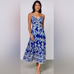 Baltic Born Delia Romantic Boho Midi Dress Blue White Wedding Guest Resort Size